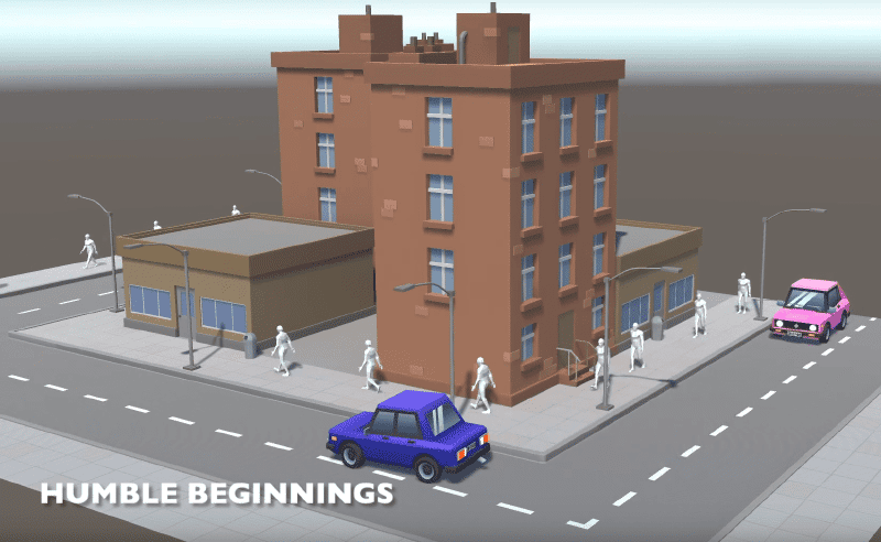 A very basic simulation with cars following single pre-defined paths and a steady stream of pedestrians walking on the side-walk