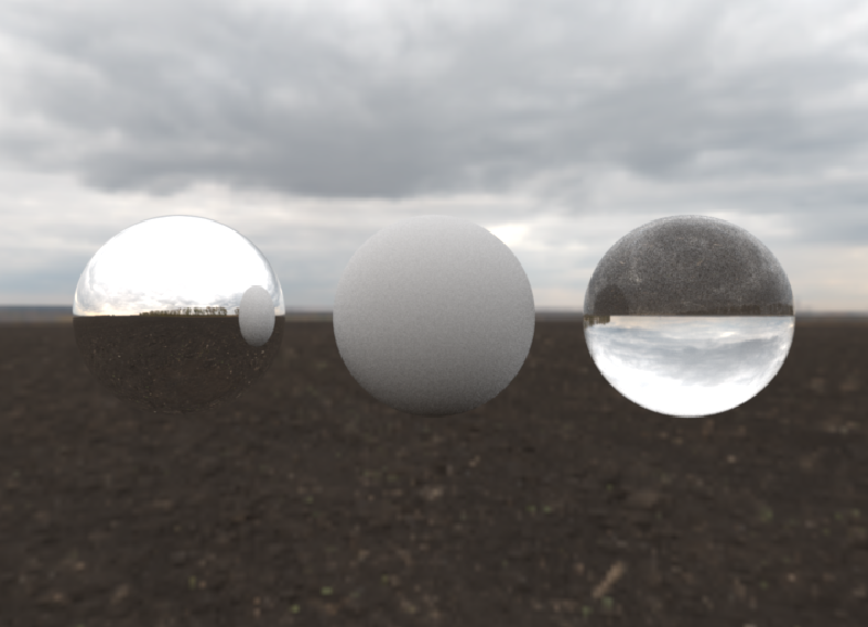 An example rendering using an environment map with a mirror, diffuse, and glass sphere (from left to right).